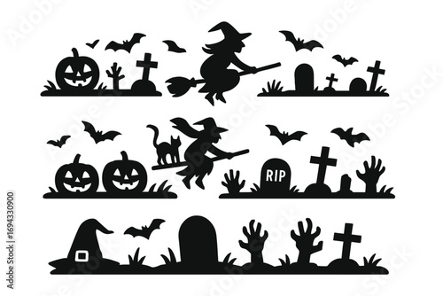 Set of Halloween silhouettes with a witch on a broomstick, jack-o'-lantern pumpkins, bats, a black cat, and a spooky graveyard scene with tombstones and zombie hands