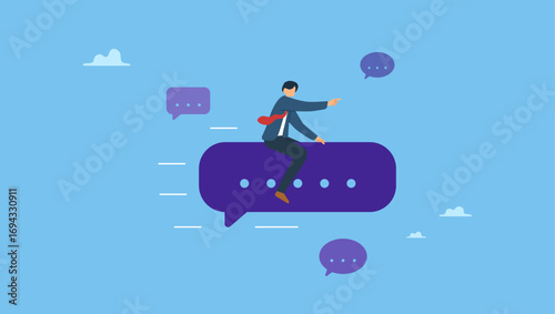 Cheerful businessman ride speech bubble pointing to target. Effective communication for business leader, sending message, announcement or dialog for success, meeting talk or communicate idea.