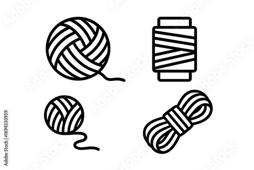 Collection of yarn and thread line art icons showing a ball of wool, spool, and skein for sewing, knitting, and handmade craft projects