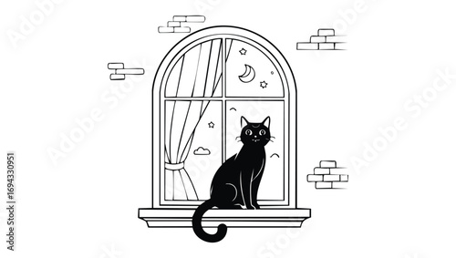 Curious Black Cat Perched on a Windowsill, Gazing at the Peaceful Night Sky with Moon and Stars