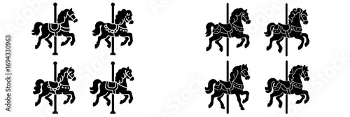 Set of black carousel horse silhouettes on a white background for amusement park and carnival design elements