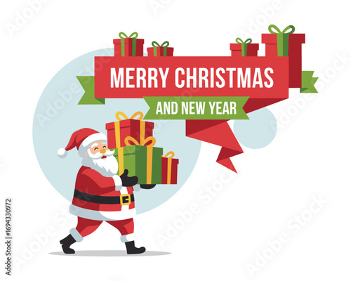 Festive Cheer: Santa Claus, in his iconic red suit, carries an armful of gifts, embodying the spirit of Christmas with vibrant colors and joyful imagery.