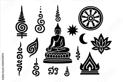 Set of traditional Thai Sak Yant tattoo symbols featuring sacred spiritual icons like the Buddha, lotus flower, and Dharma wheel