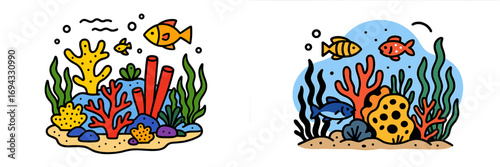 Set of two colorful underwater coral reef scenes with tropical fish and seaweed in a simple cartoon doodle style