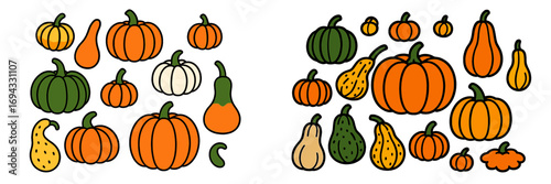 A collection of colorful cartoon pumpkins and gourds for autumn harvest and Halloween decoration isolated on a white background