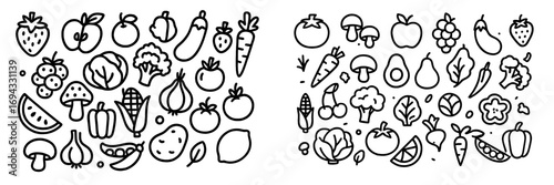Collection of hand-drawn fruit and vegetable line art icons for healthy eating and organic food concepts in a simple doodle style