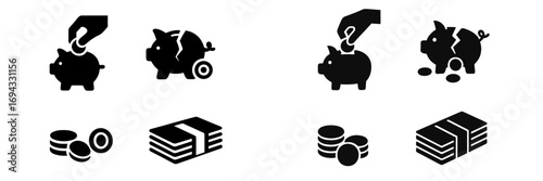 Set of black finance and money icons including piggy bank, coins, and banknotes for savings and investment concepts
