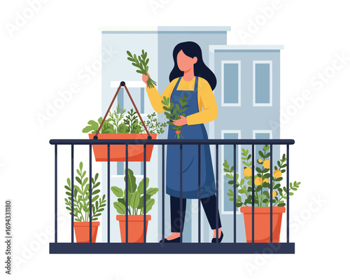 Urban Gardener's Oasis: An urban gardener cultivates herbs and plants on a balcony, creating a personal sanctuary within a city apartment building.