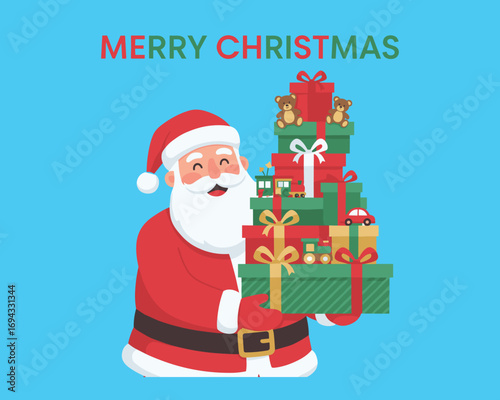 Santa's Festive Greetings: An illustration of a jovial Santa Claus, smiling warmly as he bears a tower of beautifully wrapped gift boxes, conveying the season's spirit of giving.