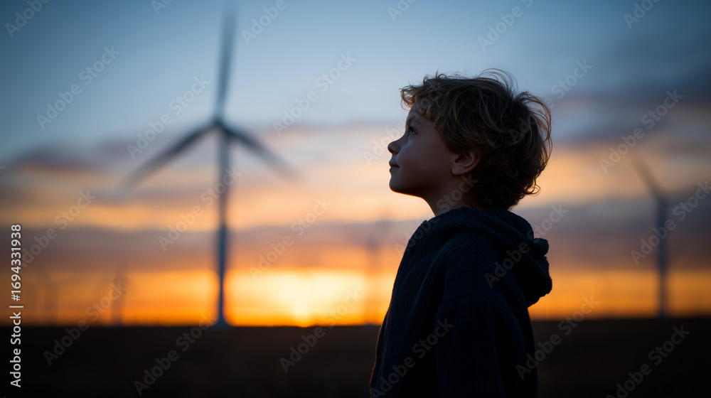 Fototapeta premium Sustainability and clean energy concept with child and wind turbines at sunset