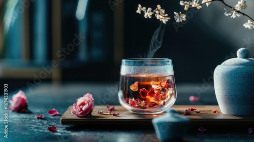 Glass of tea on a wooden tray with rose petals scattered around it. the glass is filled with a dark liquid, possibly tea, and there is steam rising from it.