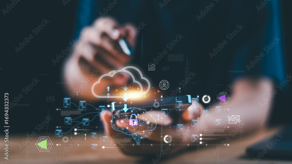 Fototapeta premium Empowering digital transformation through secure cloud computing, artificial intelligence, and mobile connectivity. Ideal for technology innovation, data privacy, and cybersecurity future-forward 