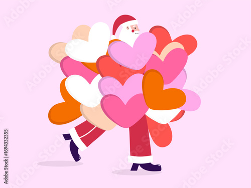Santa Claus walking with a bunch of multicolored hearts around radiating festive joy. Vector illustration on isolated background