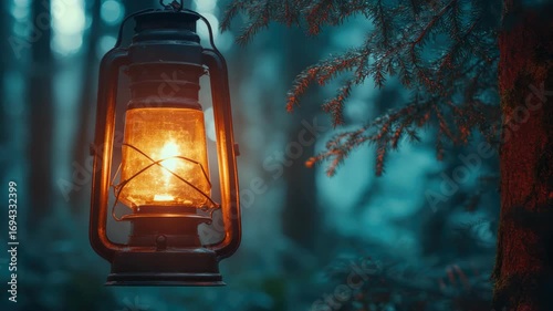 The light of a lantern in a dark forest setting, creating a peaceful and mysterious atmosphere.