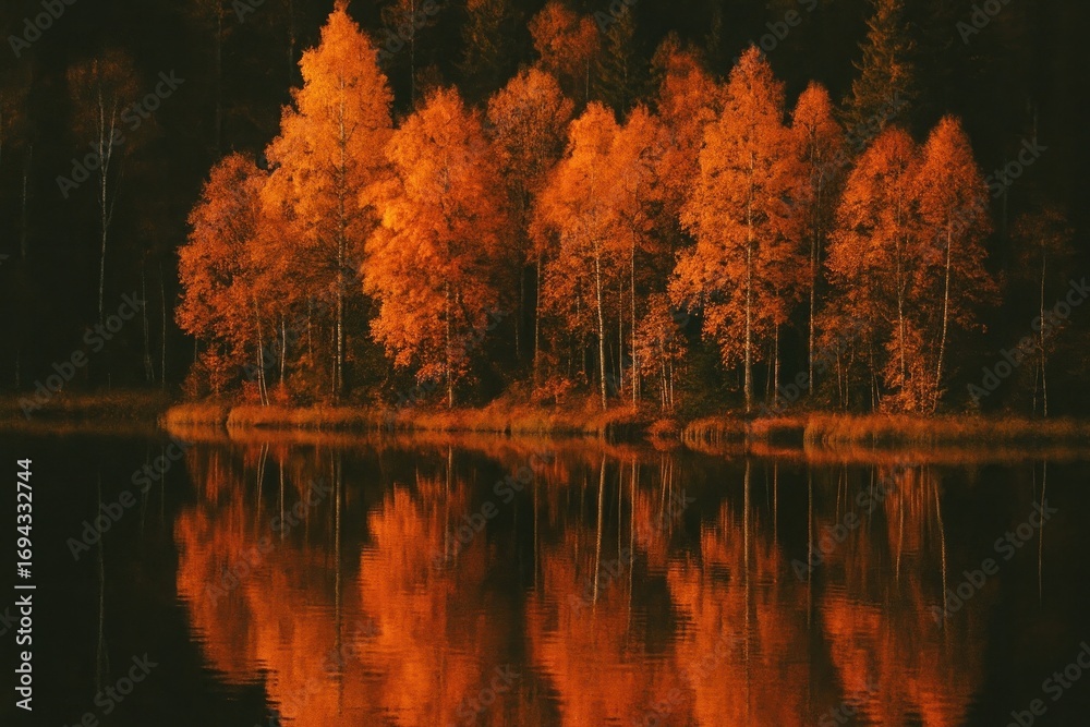 Obraz premium [autumn lake reflection with orange trees cinematic grain mobile wallpaper]