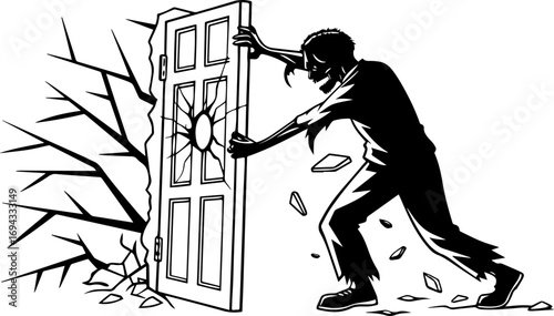 Zombie Breaking Through a Door Horror Illustration