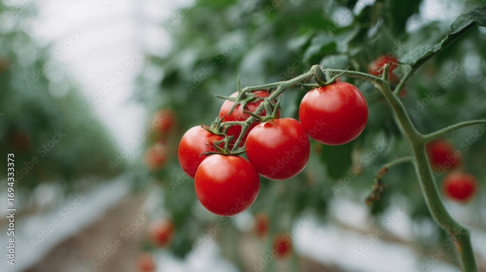 Obraz premium Ripe tomatoes hang like festive baubles beneath verdant vines, evoking Italian Ferragosto feasts and permaculture wonders