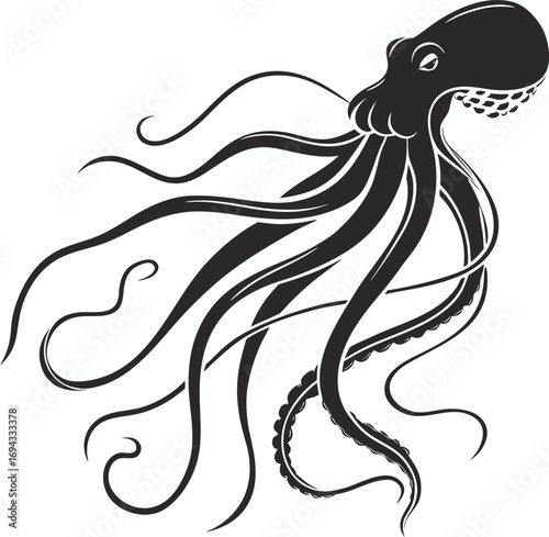 Stylized Black Octopus Silhouette Vector, Marine Creature Illustration, Mysterious Ocean Animal Outline, Stylized octopus vector