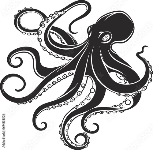 Stylized Black Octopus Silhouette Vector, Marine Creature Illustration, Mysterious Ocean Animal Outline, Stylized octopus vector