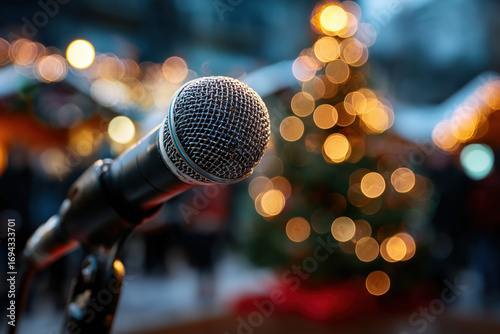 microphone with blurred christmas tree in the background