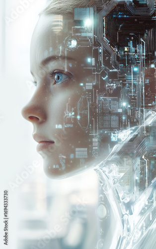 AI Artificial intelligence cyber. Futuristic AI abstract design, intricate circuitry pattern. AI Robot face, virtual human, virtual character, digital clone, machine learning. Realistic photo