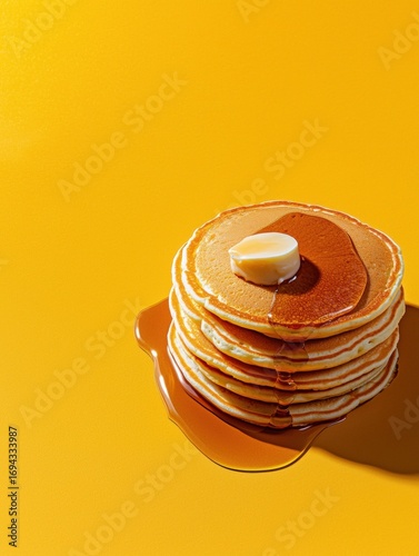 Stack of pancakes on a yellow background. the pancakes are golden brown and appear to be freshly made. on top of the stack, there is a small dollop of butter and drizzled with syrup.