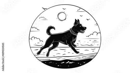 Vector illustration of an energetic dog on a beach, a circular logo concept for animal lovers and outdoor life