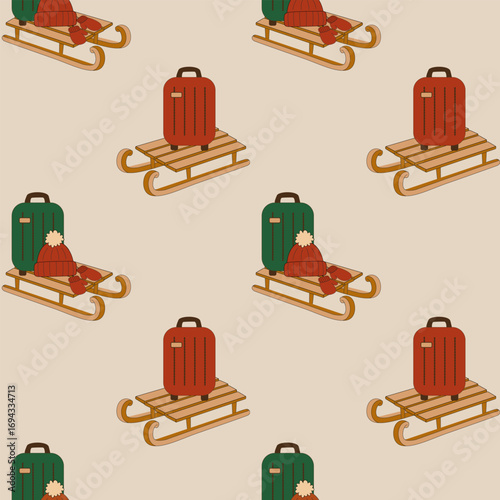 Seamless vector pattern with winter travel theme. Wooden sledges with suitcases, Christmas tree in eco wrapping, knitted hat and mittens. 
