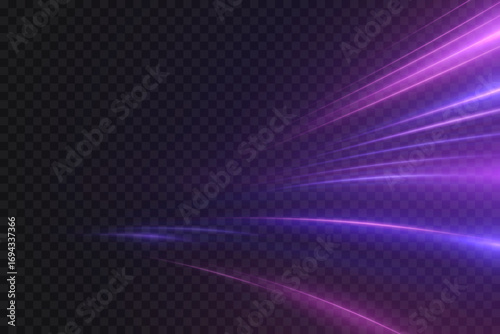 Violet light lines with bright glow and dynamic acceleration effect. Energy speed stripes for gaming and racing interfaces, futuristic HUD elements and digital design.