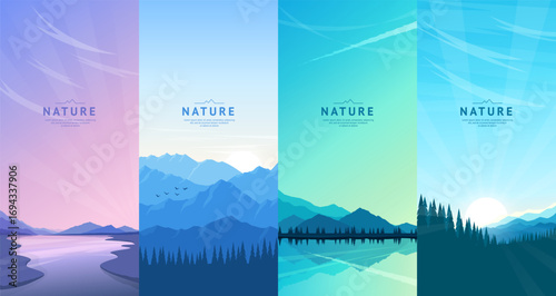 Collection of mountain landscapes. Mountain ranges and forest, sunset on the river, evening twilight on the lake, colorful sky. Design for postcard, cover, invitation, brochure, flyer. Vector illustra