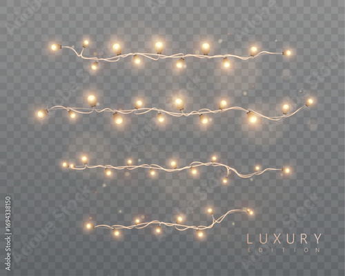 Set of golden Christmas light garlands with sparkles. Christmas lights on a transparent background for greetings, advertising design of invitations, web banners. Vector