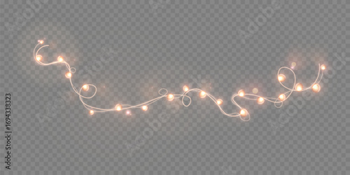 Glowing garlands with warm yellow light on a transparent background. Decorative element for Christmas decorations, New Year design and holiday banners.