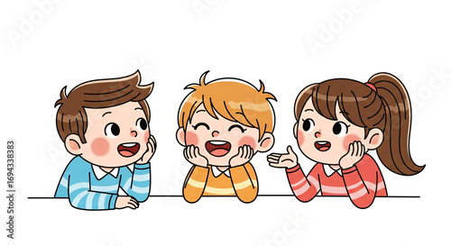 Three happy children smiling and leaning on a white empty board. Cute cartoon boy and girl character for education or playful design.