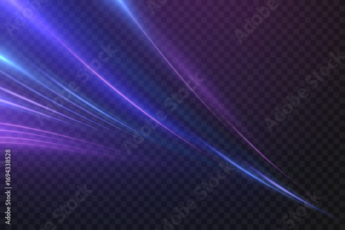 Purple and blue light lines in perspective with an effect of acceleration and movement. Abstract digital background in a futuristic style.