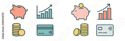 Financial savings, investment growth, and digital payment icons set featuring piggy bank, bar chart, coins, and credit card symbols