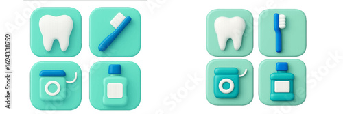 Modern 3D rendered set of essential oral hygiene tools for comprehensive dental health and care concepts