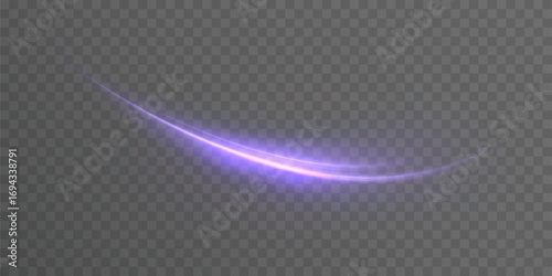Purple light trail with soft glow and curved arc on transparent background. Vivid abstract impact or movement effect for game interfaces, magic spells and digital design.