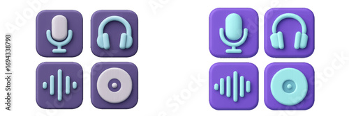 Contemporary 3D audio sound music interface icons for digital media, communication, and entertainment platforms
