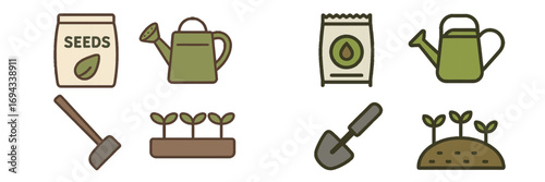 Gardening tools and plant sprouts icons for planting and growth