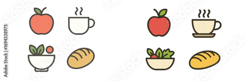 Colorful food and drink collection with fresh fruit, hot beverages, healthy greens, and baked goods