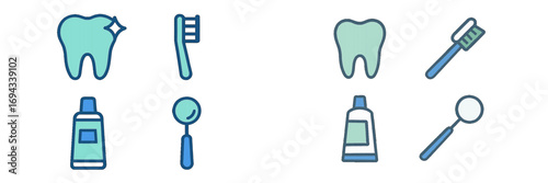 Dental hygiene and oral care icons with teeth, toothbrush, toothpaste, and dental mirror for health