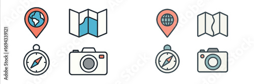 Essential travel and navigation symbols: map, compass, camera, location markers for global exploration and adventure