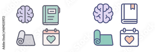 Brain, book, yoga mat, and calendar symbols representing mental health, education, fitness, and scheduling