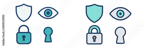 Modern digital security and privacy symbols featuring shield, eye, padlock, and keyhole for data protection
