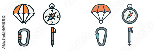 Outdoor adventure and exploration equipment set featuring parachute, compass, carabiner, and hiking pole