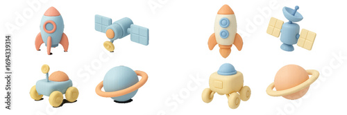 Stylized pastel space exploration objects including rockets, satellites, rovers, and planets for cosmic adventures