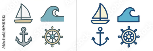 Essential nautical symbols featuring a sailboat, rolling ocean wave, sturdy ship anchor, and classic steering wheel