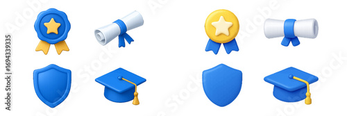 Vibrant collection of educational and achievement symbols including graduation cap, diploma, shield, and award badge