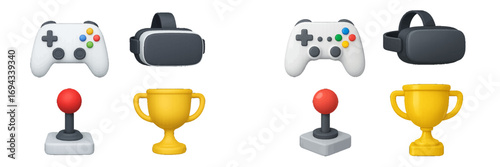Modern gaming accessories including wireless controllers, virtual reality headsets, arcade joysticks, and golden winner trophies