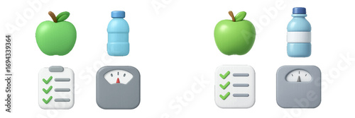 Healthy lifestyle and wellness items including fresh green apple, water bottle, checklist, and weight scale